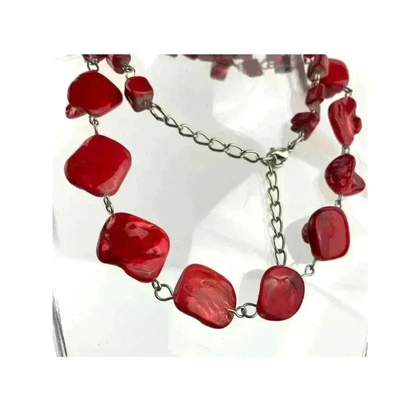 Red Natural Shell Chunky Beaded Necklace 20" Jewelry Silver Metal Tone - Picture 10 of 12